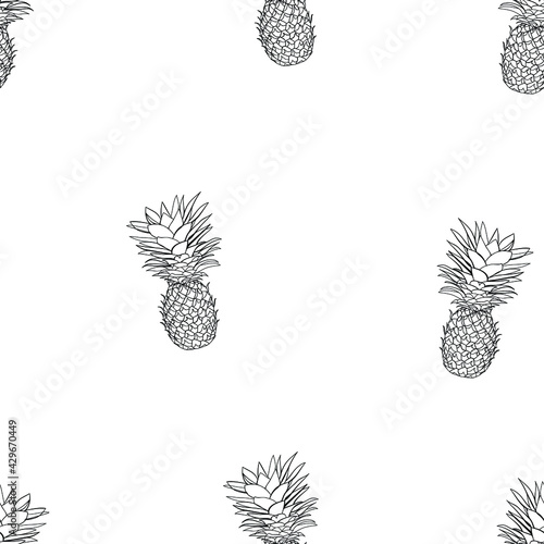 Fototapeta Naklejka Na Ścianę i Meble -  Black and white tropical pattern of hand-drawn pineapples. Summer fruit Doodle on black background.