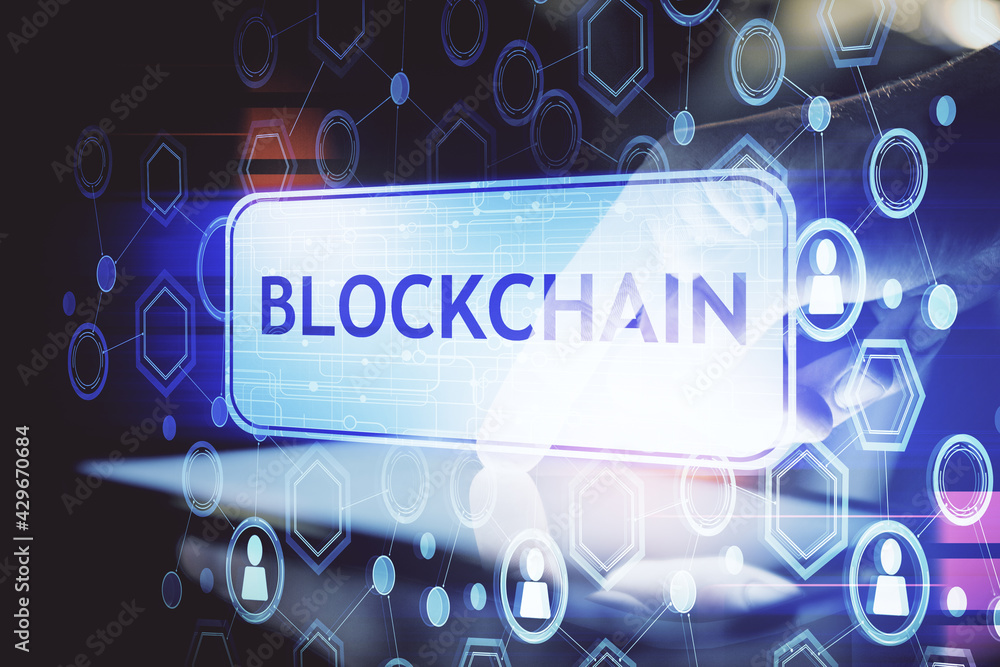 Double exposure of man's hands holding and using a phone and crypto currency blockchain theme drawing. Double exposure of man's hands holding and using a phone and crypto currency blockchain theme drawing.