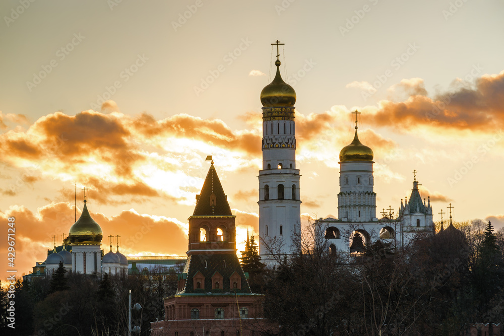 Winter sunset view of historical center of Moscow near Kremlin, Red Square and Zaryadye Park, Russia.