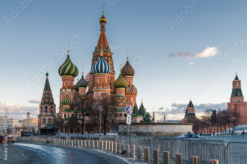 Winter sunset view of St. Basil's Cathedral on Red Square in Moscow, Russia.