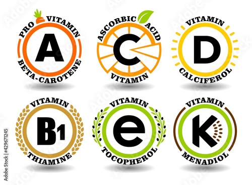 Creative concept vector set of A, B, C, D, E, K vitamin complex signs with flat graphic sun symbol, cartoon fruit icons, natural healthy food stamps, colorful organic oil pills, chemical names