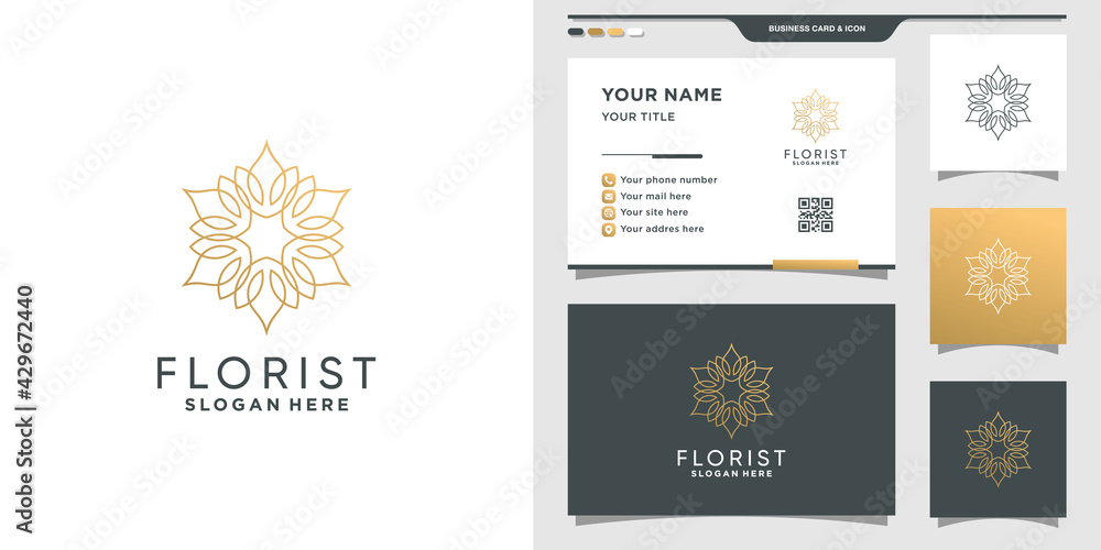 Naklejka premium Florist logo with line art style and business card design Premium Vector