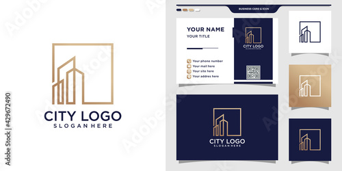 City logo with line art style and business card design Premium Vector