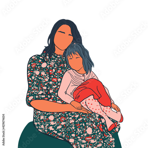 Mom gently hugging her daughter with a lot of love. Mother's day or March 8 card, holiday concept. Cartoon flat isolated vector design on white background