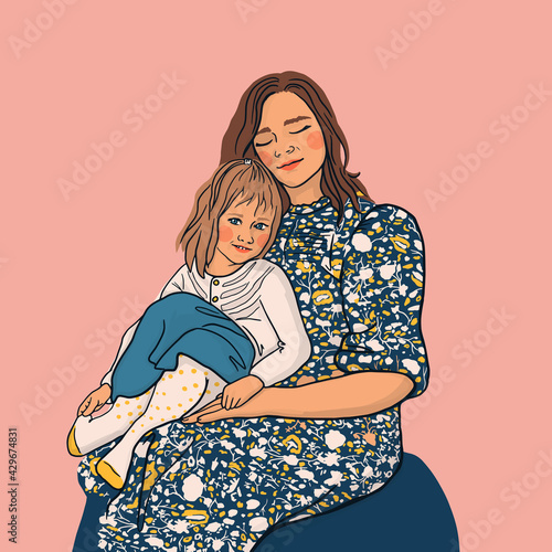 Mom gently hugging her daughter with a lot of love. Mother's day or March 8 card, holiday concept. Cartoon flat isolated vector design.