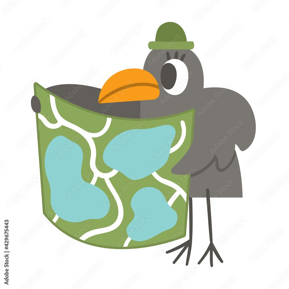 Fototapeta premium Vector bird in hat looking at the map. Funny woodland animal. Cute forest illustration for kids isolated on white background. Comic raven or crow icon.