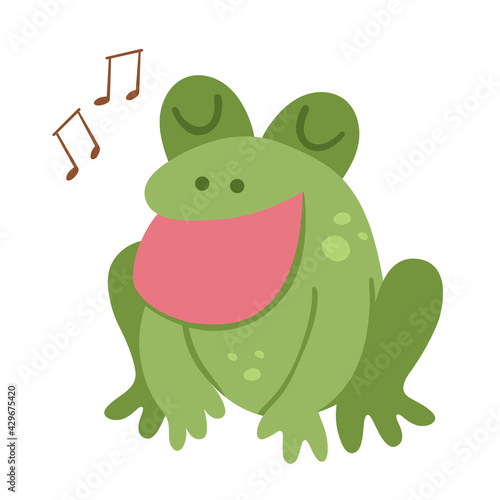 Vector singing frog. Funny woodland swamp animal. Cute forest illustration for kids isolated on white background. Green cartoon toad icon.