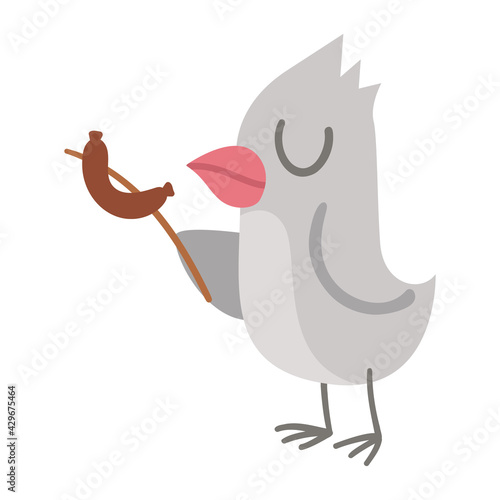 Vector bird with sausage on a twig. Funny woodland animal icon. Cute forest illustration for kids isolated on white background. .
