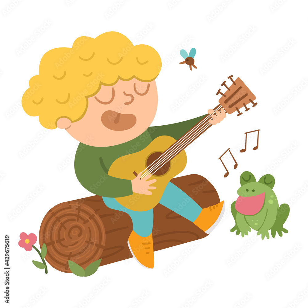Vector cute boy playing the guitar and singing sitting on a log. Campfire activity scene with cute kid and frog. Traveler isolated on white background. Outdoor or summer camp tourist icon. . Vector cute boy playing the guitar and singing sitting on a log. Campfire activity scene with cute kid and frog. Traveler isolated on white background. Outdoor or summer camp tourist icon. .