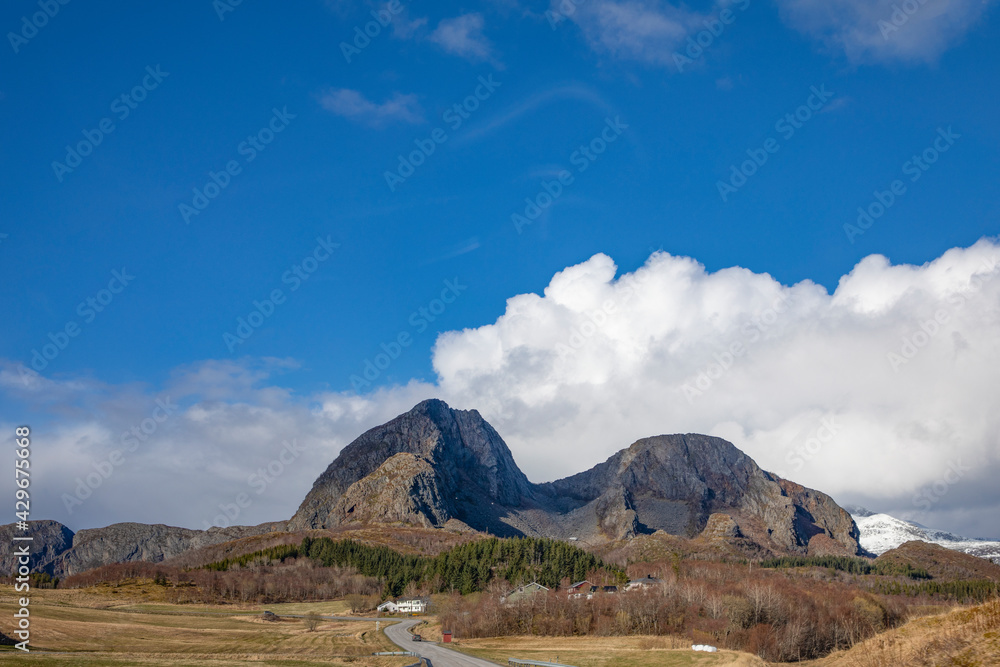 Fototapeta premium Landscape with blue sky and white clouds,Brønnøy,Helgeland,Nordland county,Norway,scandinavia,Europe
