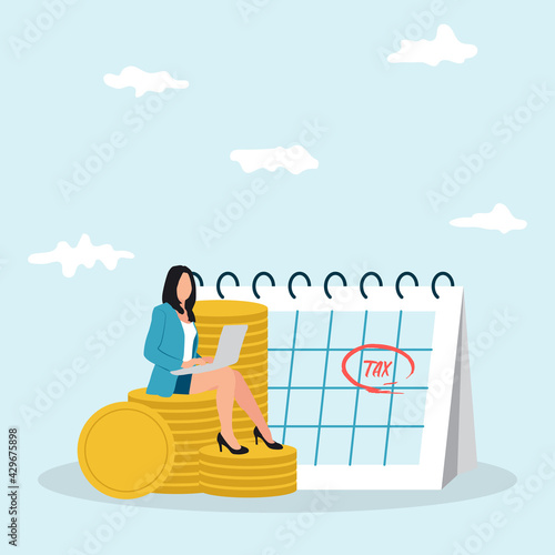 Vectir illustration of Tax Day Reminder Concept. Business woman submit tax by online concept, online tax payment and report. Business income. photo