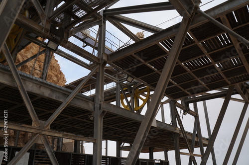 View onto cableway mechanism of Masada historical site, Unesco heritage