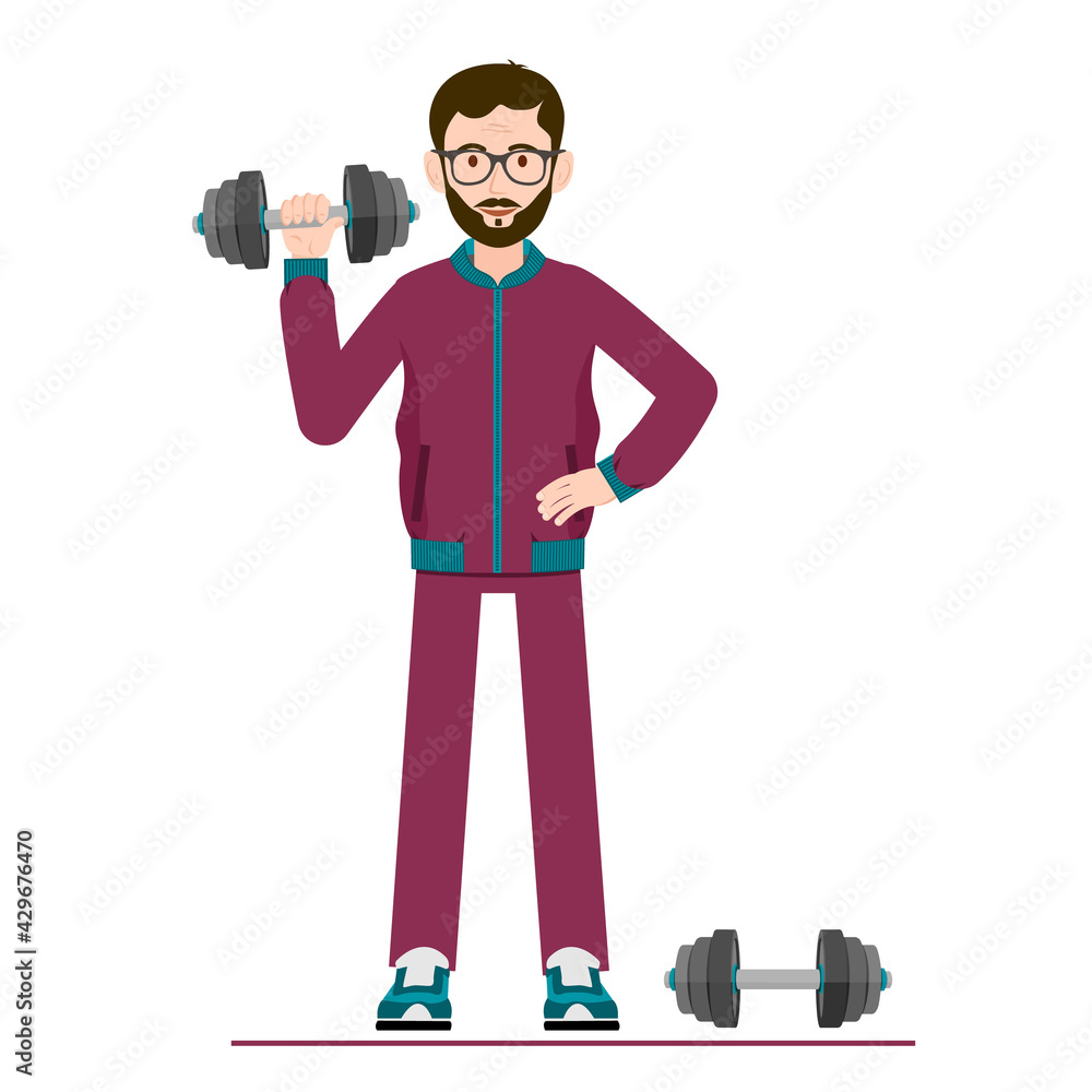 A man with dumbbells. Vector image of a person lifting dumbbells. Bodybuilding. Athlete for animation. All the details are on separate layers with names. Editable strokes. A man with dumbbells. Vector image of a person lifting dumbbells. Bodybuilding. Athlete for animation. All the details are on separate layers with names. Editable strokes.