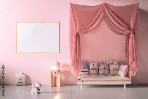 Pink canopy in kids playroom, stuffed animals, wooden toys and big poster frame mockup, Scandinavian interior.3d Rendering