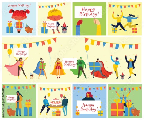 Happy birthday party background. Happy group of people celebrate on a bright background. Vector illustration