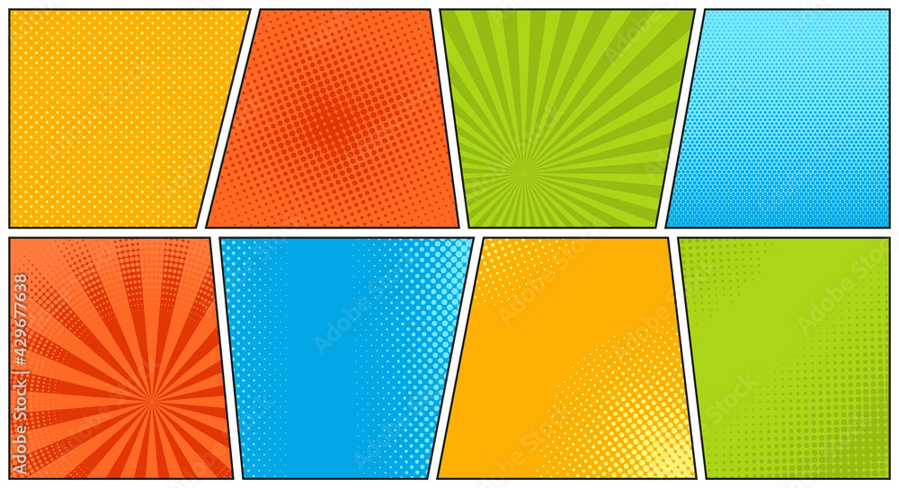 Pop art halftone background. Comic starburst patterns. Set banners with ...