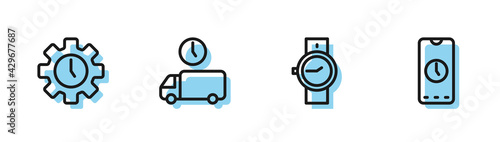 Set line Wrist watch, Time Management, Delivery time and Alarm clock app mobile icon. Vector