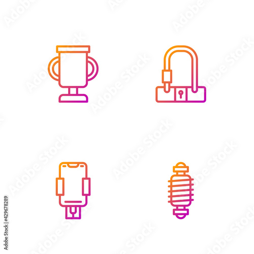 Set line Bicycle suspension, Mobile holder, Award cup with bicycle and lock. Gradient color icons. Vector