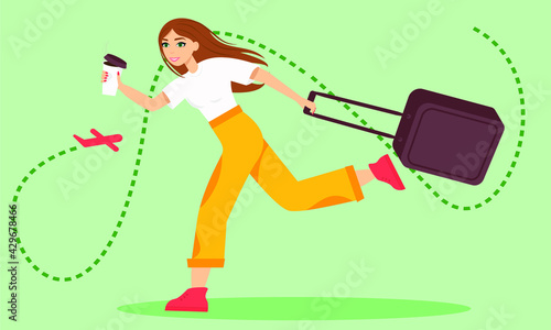 A girl with a coffee and a suitcase runs, hurries, is late for the plane. Vector illustration in the flat style