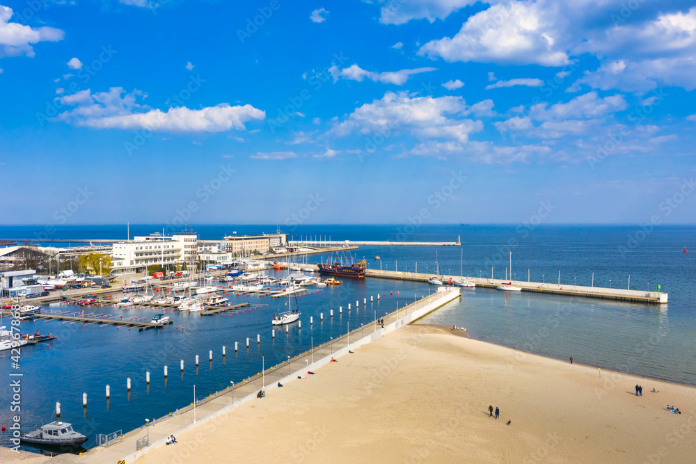 Aerial landscape of the beach at Baltic Sea in Gdynia, Poland.