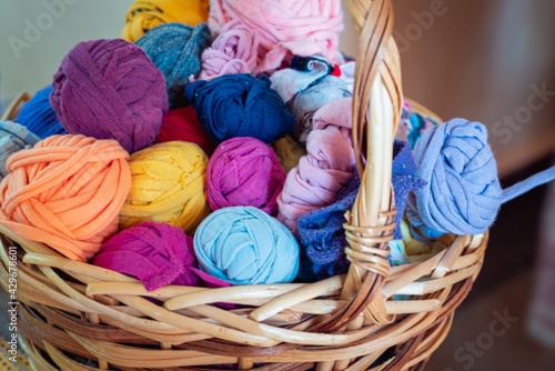 Colored skeins (balls) of rope in a basket.