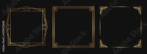 Set of golden decorative frames. Isolated Art Deco line art borders with empty space.