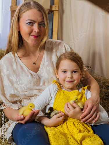 Beautiful, joyful mother with her little daughter are playing with yellow ducklings