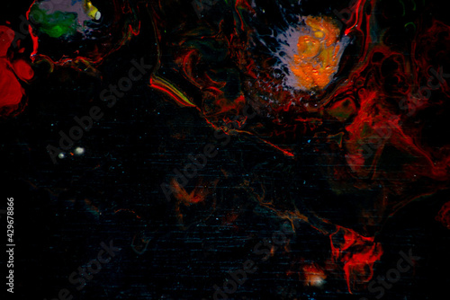 Texture in the style of fluid art. Abstract background with swirling paint effect. Liquid acrylic paint background. Red, black and yellow colors.