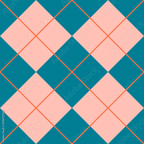 Argyll. Seamless pattern with squares, rhombuses and lines in blue and pink. For printing on fabrics, textiles, wrapping paper, interior decor, design. 