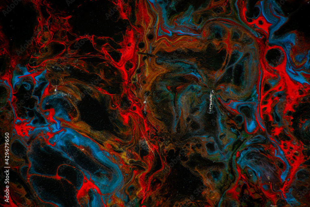 Texture in the style of fluid art. Abstract background with swirling paint effect. Liquid acrylic paint background. Black, blue and red colors. Texture in the style of fluid art. Abstract background with swirling paint effect. Liquid acrylic paint background. Black, blue and red colors.