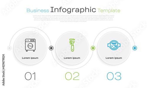 Set line Washer, Pipe adjustable wrench and Water meter. Business infographic template. Vector