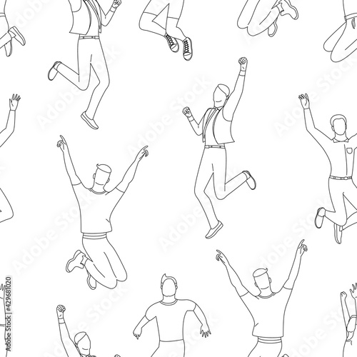 Seamless pattern with line art jumping men in business clothes, with hands up.
