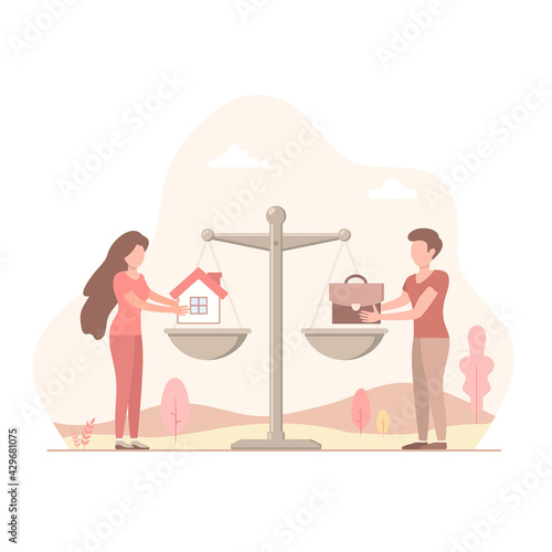 Home and business case on scales flat Vector illustration. Balance Weight between work and family