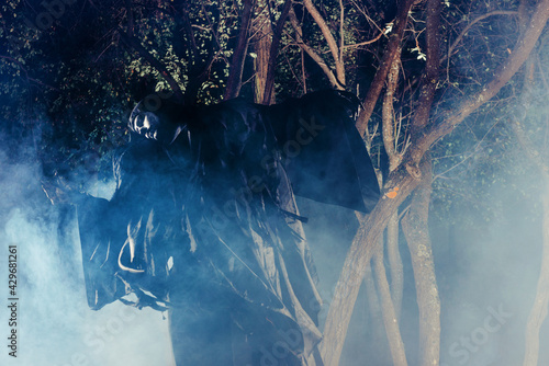 Portrait of the angel of death, grim reaper while standing in a mystical wood at night. photo