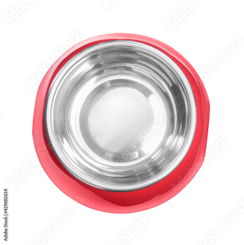 Feeding bowl isolated on white, top view. Pet care