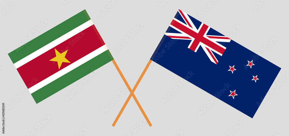 Crossed flags of Suriname and New Zealand. Official colors. Correct proportion