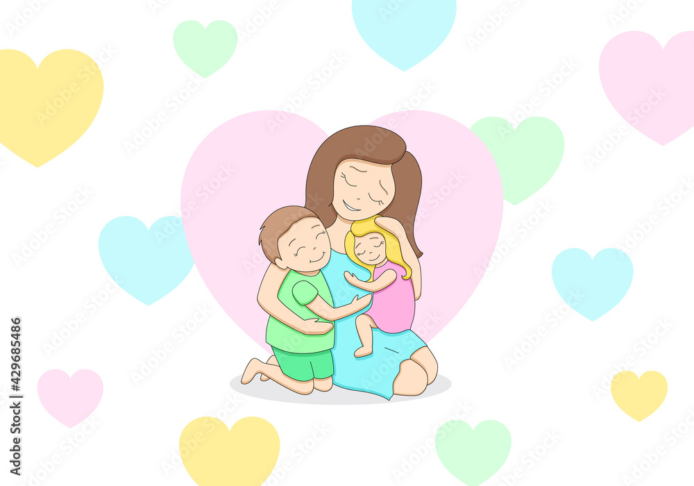Loving tender mother with two cute happy children, teenage boy and little girl, hugging each other, pastel palette, surrounded by hearts on white background, editable strokes, vector illustration Loving tender mother with two cute happy children, teenage boy and little girl, hugging each other, pastel palette, surrounded by hearts on white background, editable strokes, vector illustration