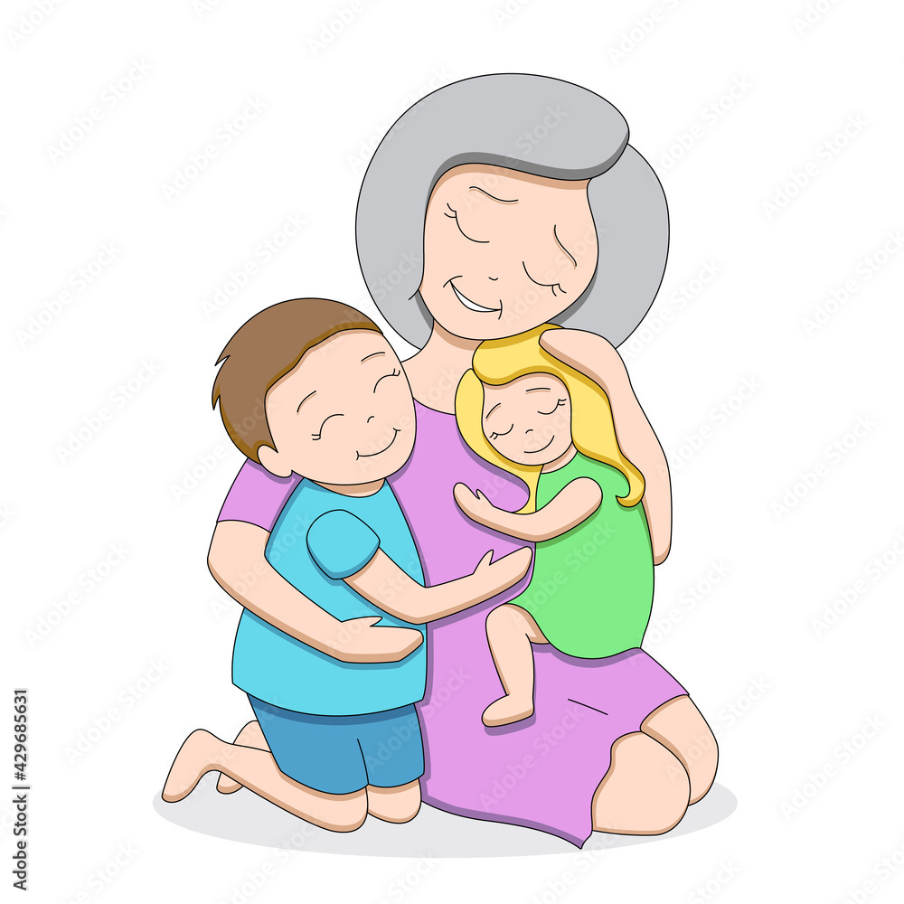Loving grey-haired grandmother with two cute happy grandchildren, teenage boy and little girl, hugging each other, pastel palette, isolated on white background, editable strokes, vector illustration Loving grey-haired grandmother with two cute happy grandchildren, teenage boy and little girl, hugging each other, pastel palette, isolated on white background, editable strokes, vector illustration