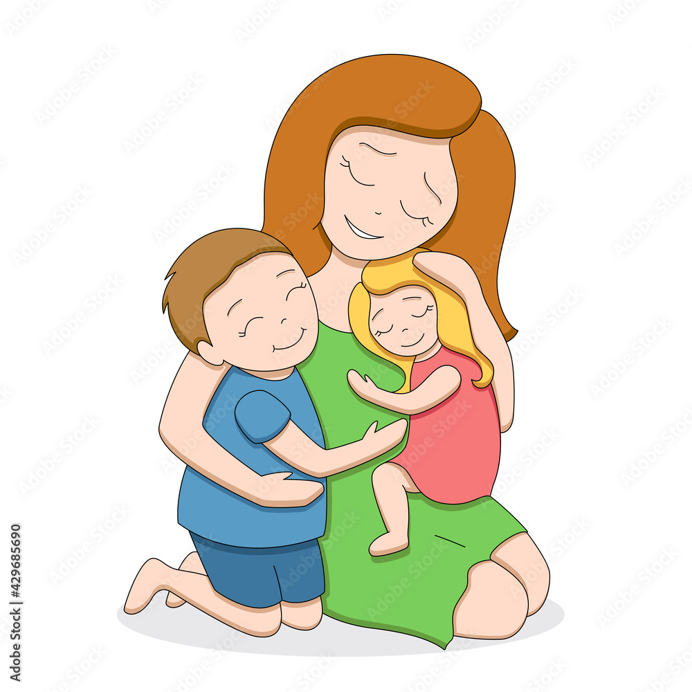 Red-haired loving tender mother with two cute happy children, teenage boy and little girl, hugging each other, isolated on white background, editable strokes, vector illustration Red-haired loving tender mother with two cute happy children, teenage boy and little girl, hugging each other, isolated on white background, editable strokes, vector illustration