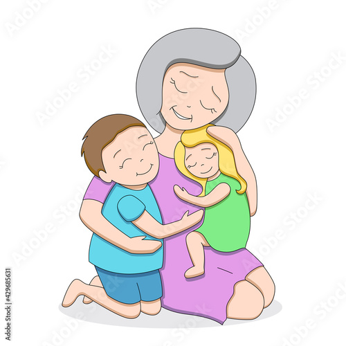 Loving grey-haired grandmother with two cute happy grandchildren, teenage boy and little girl, hugging each other, pastel palette, isolated on white background, editable strokes, vector illustration