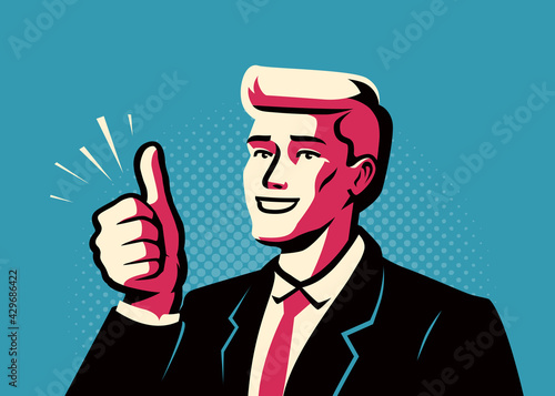 Successful businessman showing thumbs up. Business success concept. Vector illustration in pop art comic style