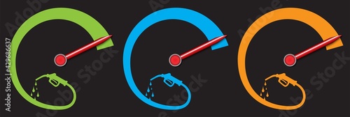 Fuel gauge set on black with fuel pump and drops. The fuel indicator is indicating full tank. Simple futuristic fuel gauge design, to use in transportations, logistics and cars. 