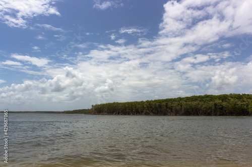 Paradisiacal place called tip of bag (Ponta do Saco) where the river Real crosses with the sea, in the city of Estancia, Sergipe Brazil.