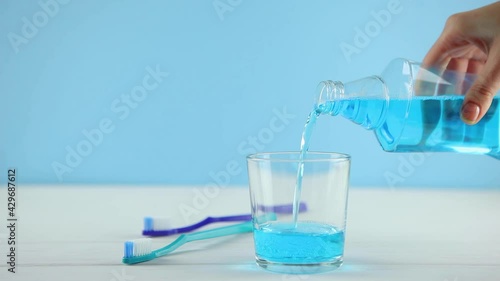 mouthwash on the table in a glass. Oral care