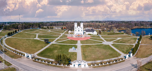 Aerial Drone Panorama of The Aglona Roman Catholic Basilica of the Assumption of the Blessed Virgin Mary from drone. One of the most important Catholic spiritual centers in Latvia