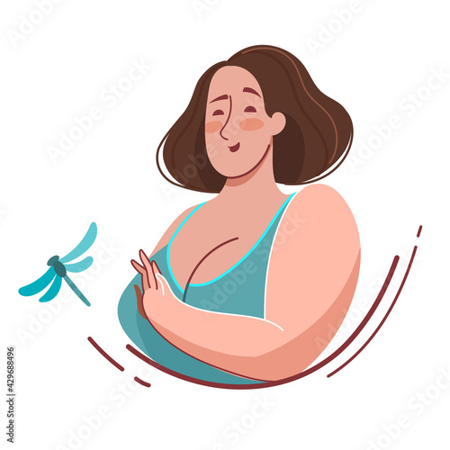 Chubby girl in a blue dress. The girl and the dragonfly. Vector portrait of a chubby woman.