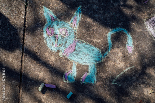 Child's sidewalk drawing of cat in chalk