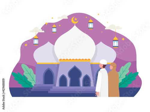 Muslim people going to mosque for prayer. Vector illustration in a flat style