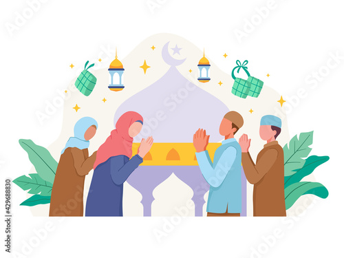 Muslim people greeting and celebrating Eid Mubarak. Vector illustration in a flat style
