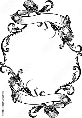 Freehand drawing of vintage frame from decorative twigs and  ribbons